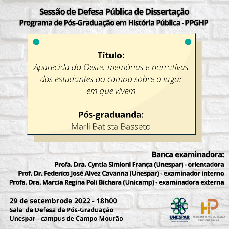 Defesa Pública de Dissertação PPGHP - Marli Basseto.png